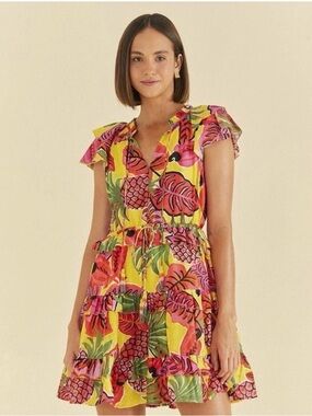 Farm Rio Bright Yellow Tropical Tiered Mini Dress with Ruffle Sleeves